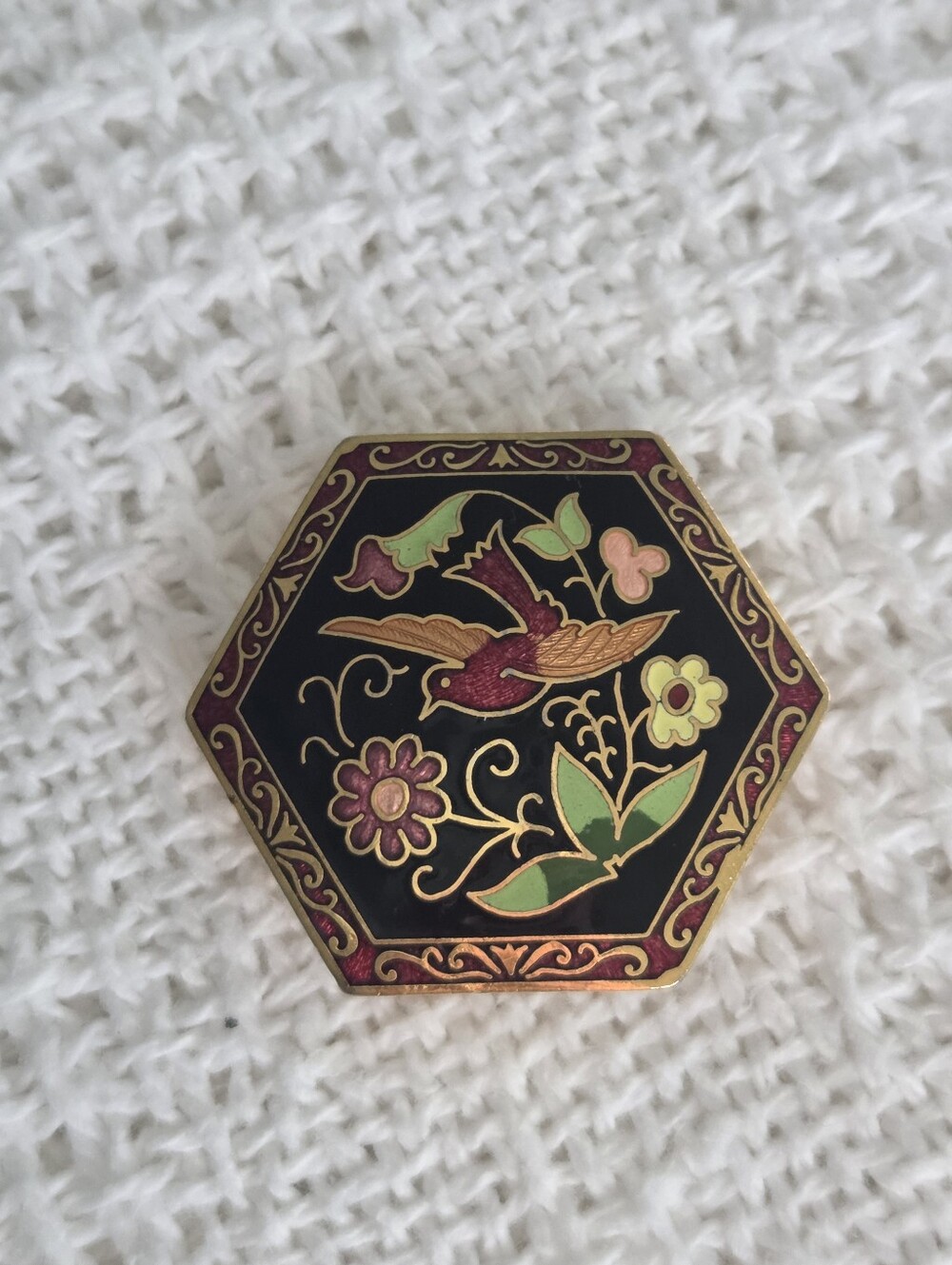 Vintage Cloisonne` Black With Red Bird Scarf Holder